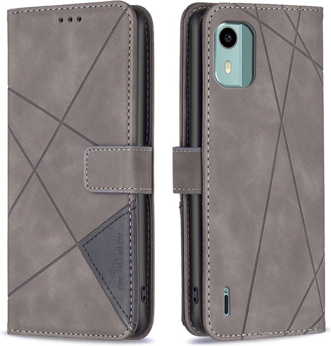 BINFEN Hoesje - Geschikt voor Nokia C12 Hoesje - BINFEN Geometric Book Case - Grijs