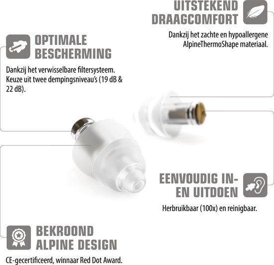 Alpine oordopje met verwisselbare filters en informatie over draagcomfort en design.