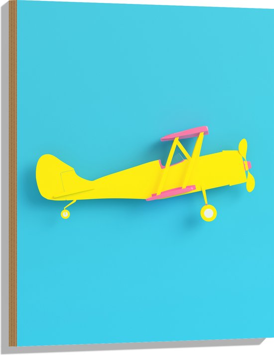 Hout - Zijaanzicht van Felgeel Zweefvliegtuig met Roze Details tegen Blauwe Achtergrond - 60x80 cm - 9 mm dik - Foto op Hout (Met Ophangsysteem)