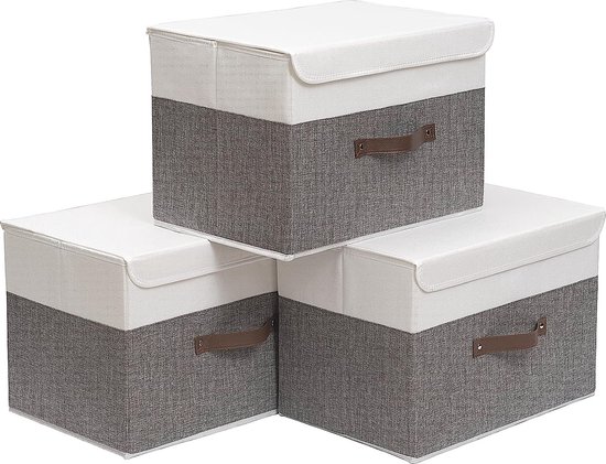 Lot de 3 boîtes de rangement avec couvercles, 45 x 30 x 30 cm, boîtes en tissu pliables, paniers de rangement, organiseur pour speelgoed, vêtements, livres, gris/blanc
