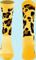 Fietssokken - Panter print - Geel - Maat 39 tot 45+ - Snelle Sokken - Vrolijke wielrensokken - Wielersokken - Mountainbikesokken - MTB Sokken - Hoogwaardig Nylon - Ademend - Anti zweet