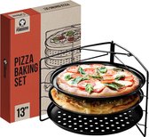 Pizzaplaat - ronde pizzaplaat - pizzaplaat - set van 3 - niet-klevende geperforeerde koolstofstalen pizzapan, ronde pizzaplaat (33 cm)