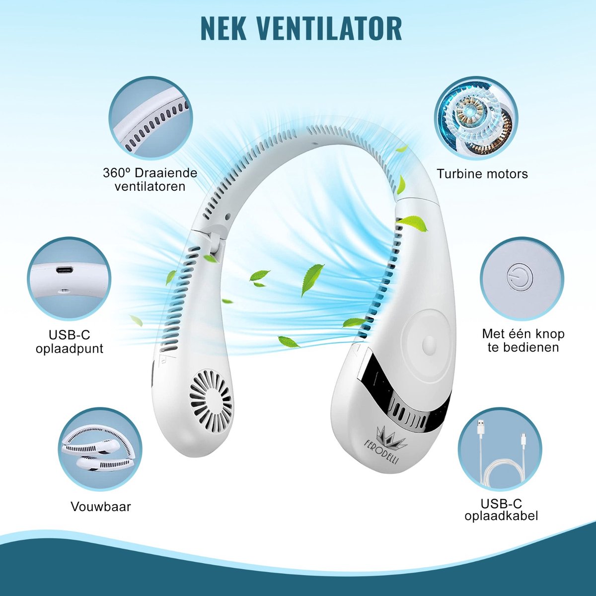 Ferodelli Nekventilator - Draagbare Gezichtsventilator - Neck Fan - Met Koeling - Hals - Hoofd - Inclusief Accessoire - 3 Standen — afbeelding 3