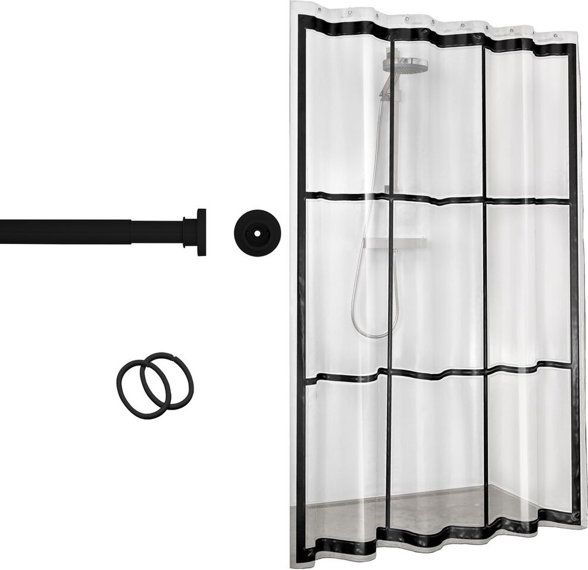 Sealskin Seallux - Douchegordijnstang 80-130 cm met douchegordijn 180x200 cm inclusief 12 ringen - Zwart / Transparant