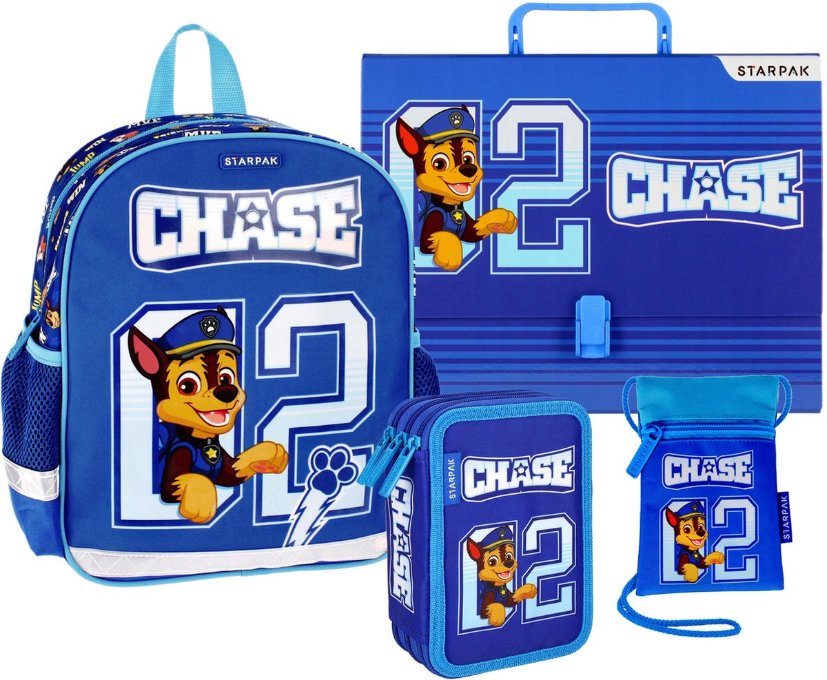 Paw Patrol Chase - Blauwe set voor een jongen, rugzak, etui met drie compartimenten, aktetas + zakje