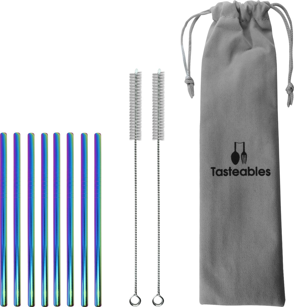 RVS Rietjes Recht - Tasteables - Cocktail Rietjes - Set van 8 - Duurzaam - Herbruikbaar - Reinigingsborstel - 140mm lengte - Regenboog