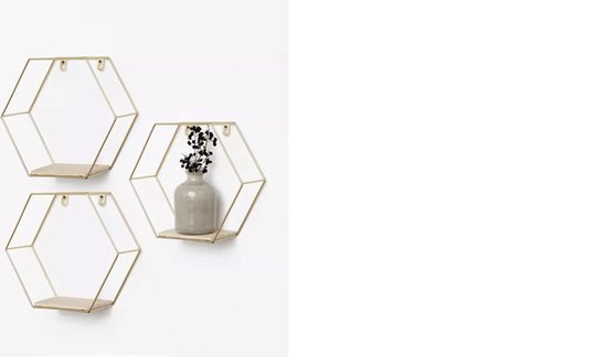 IVOL Goud metalen wandrek industrieel met 1 houten plankje - Set van 3 stuks - Zeshoekig - 25x28,5 cm