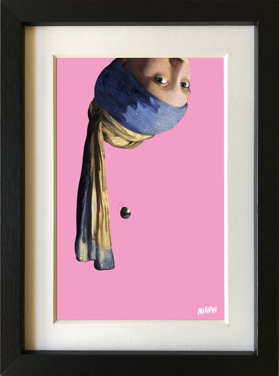 Vermeer Meisje met de Parel Ondersteboven - ingelijst met passe-partout - Miauw popart - 15x20cm