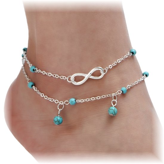 Fako Bijoux® - Bracelet de Cheville - Bijoux de Cheville - Duo Infinity Turquoise - Couleur argent