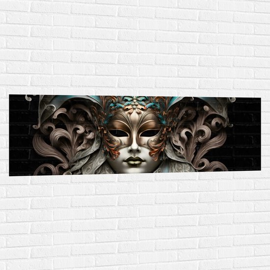 Muursticker - Wit Venetiaanse carnavals Masker met Blauwe en Gouden Details tegen Zwarte Achtergrond - 150x50 cm Foto op Muursticker