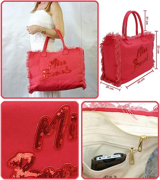 Miss Beach - Badtas met ritssluiting, strandtas, inhoud 29 of 17 liter, picknicktas, shopper van canvas, Pastel roze XL, X-Large
