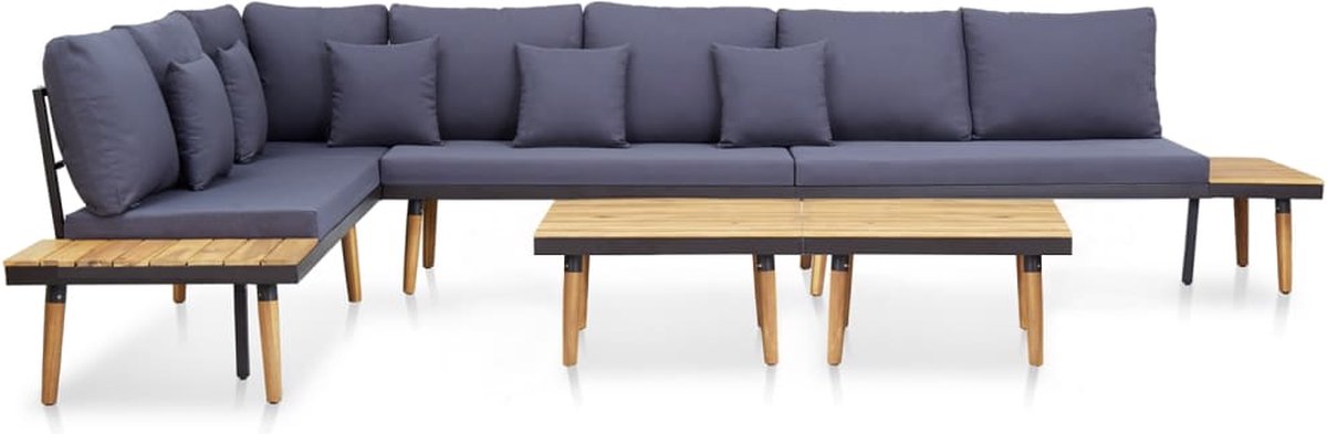 The Living Store Loungeset 7-zits - Acaciahout - Stalen frame - Comfortabele kussens - Bruin/donkergrijs - 310x200x65 cm