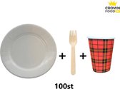 Assiettes en papier rondes 23cm + fourchettes en bois + gobelets en carton Scotty - 100pcs. - couverts/plats/gobelets jetables - karton - Crown Food XL