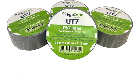 Ruban PVC Megatape UT7 38 mm x 33 mètres. Grijs. + Kortpack court (021.0727)