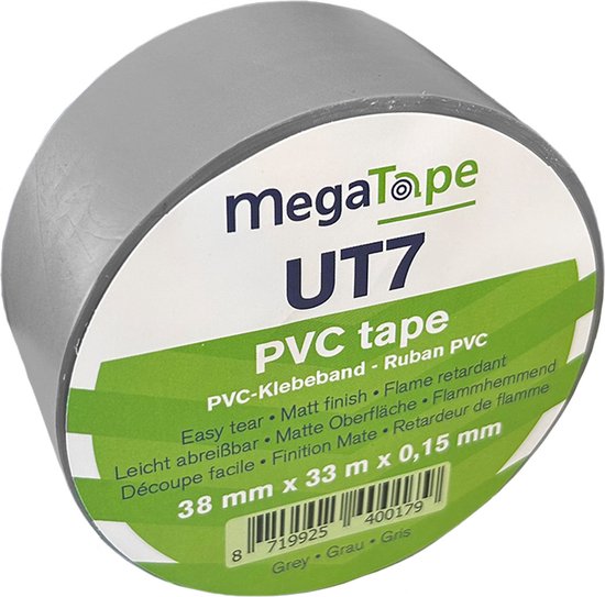 Ruban PVC Megatape UT7 38 mm x 33 mètres. Grijs. + Kortpack court (021.0727)
