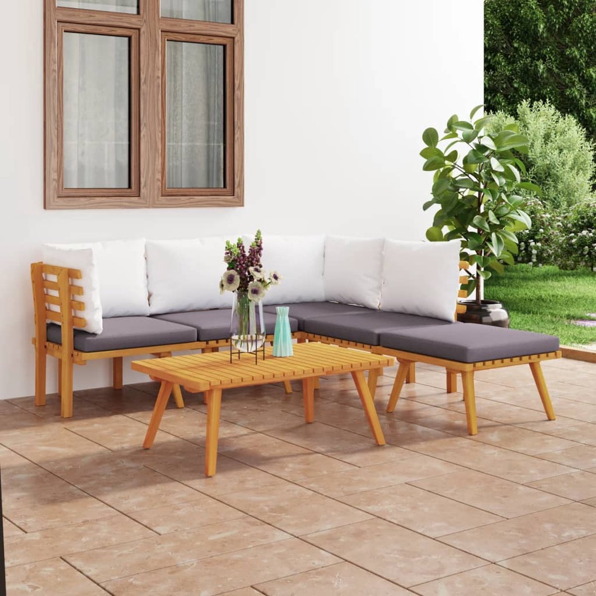 The Living Store Houten Tuinset - Lounge - Acaciahout - 100% Polyester - 90x55x35cm - Grijs/Wit