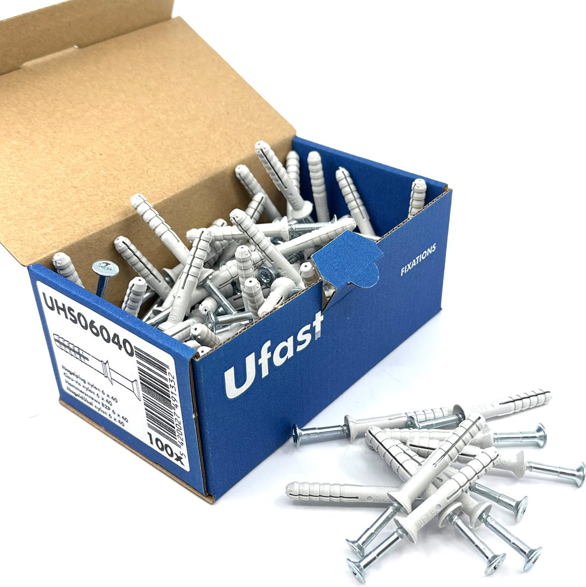 UFAST slagplug Ø 6 x 40 mm - Nylon plug met trompetkraag - Kruiskop - Verzinkt - 100 stuks