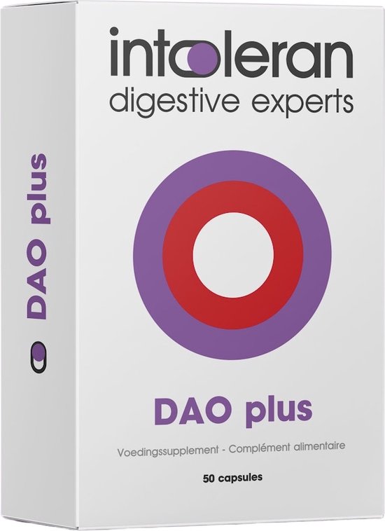 Intoleran DAO Plus Spijsverteringsenzymen – 50 capsules | Voedingssupplement bij DAO-gebrek | 30.000 HDU Enzym Diamine Oxidase (DAO) | Vitamine C & Quercetine | Maagzuur resistente coating