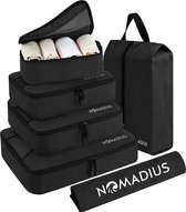Nomadius® Packing Cubes Set - Premium Travel Organizer - Duurzame SBS Ritsen - Waterbestendig - Koffer Organizer - Incl. Schoenentas en Waszak - Voor koffers en tassen - Zwart