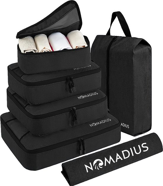 Nomadius® Packing Cubes Set - Premium Travel Organizer - Duurzame SBS Ritsen - Waterbestendig - Koffer Organizer Set - Incl. Schoenentas en Waszak - Reistas voor koffers en tassen - Zwart