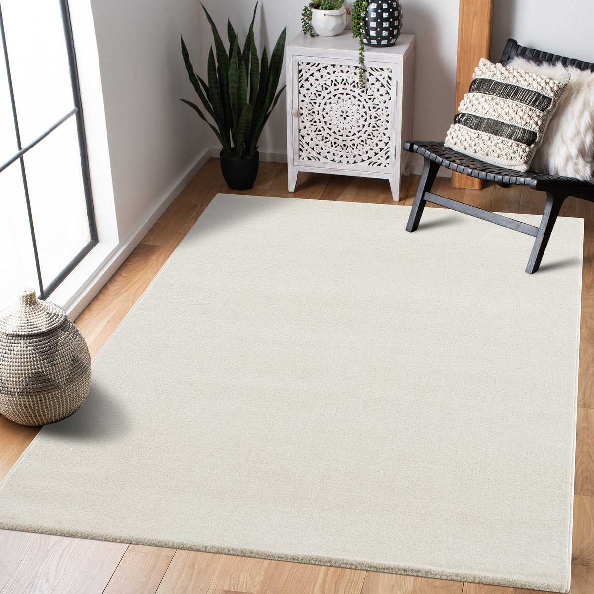 Uni Effen Laagpolig Vloerkleed Modern Creme- 200x290 CM