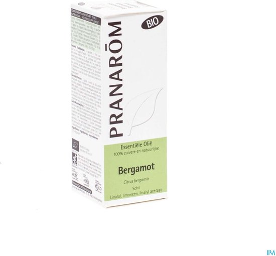 Doos met biologische bergamot essentiële olie, met PRANAROM logo, bio-certificering en gedetailleerde gebruiksinstructies.