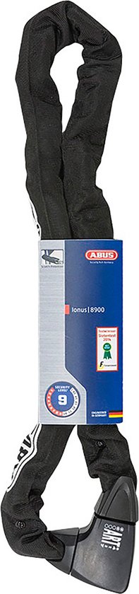 Zwart ABUS kettingslot 8900 met ART 4 keurmerk, bedekt met witte ABUS logo's.