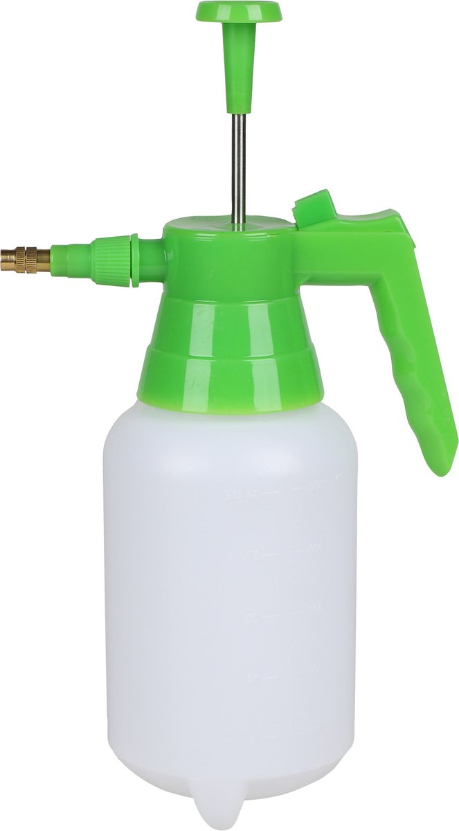 Sunnydays Plantenspuit met hoge druk sproeier - kunststof - 1 liter - wit/groen - Waterverstuiver