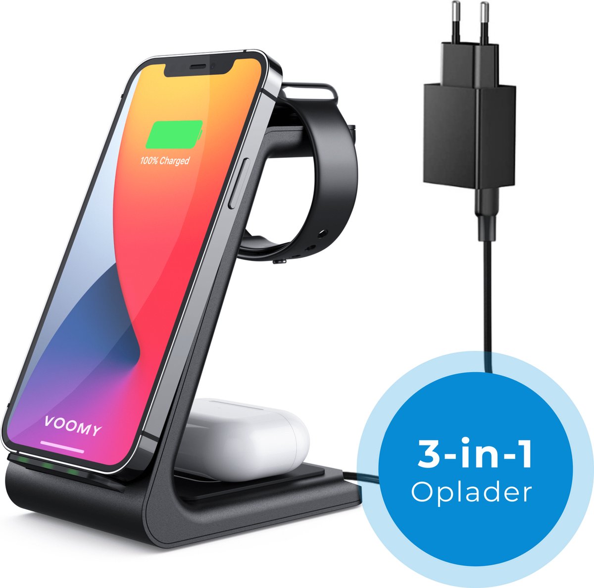 Voomy 3-in-1 Qi Draadloze Oplader - Wireless Charger 15W - Inclusief Adapter & Kabel - Geschikt voor iPhone 10, 11, 12, 13, 14, 15 & Samsung S20, S21, S22, S23, S24 - Voomy