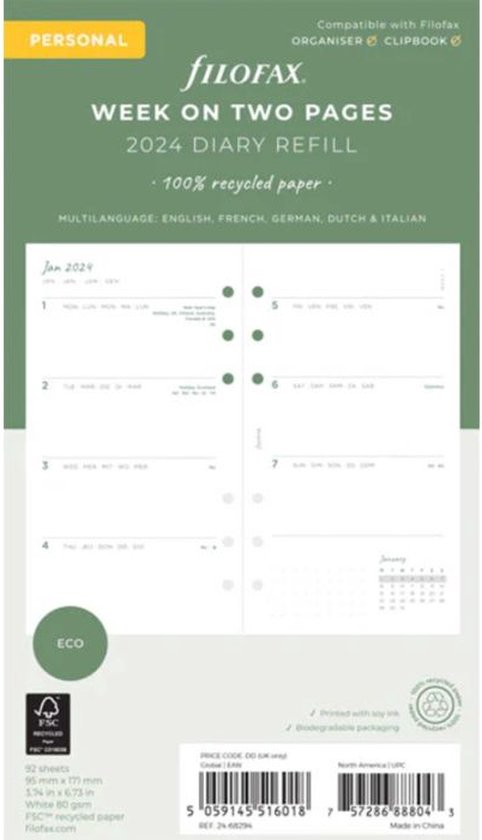 Recharge agenda Filofax 2024 Semaine personnelle sur 2 pages blanc  horizontal