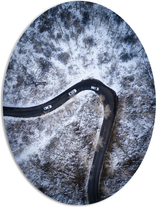 PVC Schuimplaat Ovaal - Sneeuw - Bomen - Bossen - Voertuigen - Auto - Weg - 72x96 cm Foto op Ovaal (Met Ophangsysteem)