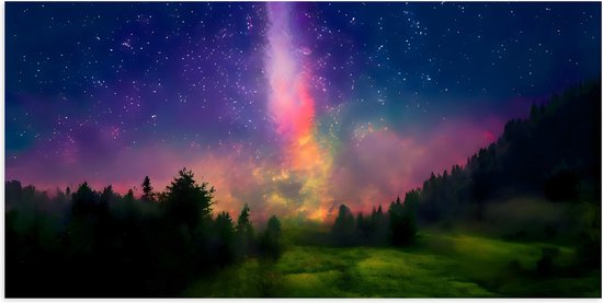 Poster Glanzend – Kleurrijke Melkweg met Groen Landschap - 100x50 cm Foto op Posterpapier met Glanzende Afwerking