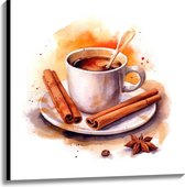Canvas - Koffie met Kaneel in Wit Kopje - 100x100 cm Foto op Canvas Schilderij (Wanddecoratie op Canvas)