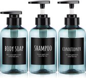Vloeibare zeepdispenser, navulbaar, 3 stuks, 300 ml doucheflessen voor badkamer, blauwe pompflessen met etiketten, kunststof persfles voor lichaamszeep shampoo conditioner