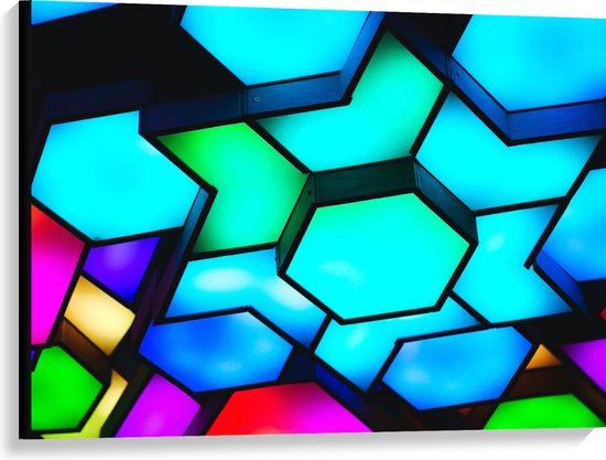 Canvas - Verschillende Neon Kleurige Hexagons tegen Zwarte Achtergrond - 100x75 cm Foto op Canvas Schilderij (Wanddecoratie op Canvas)