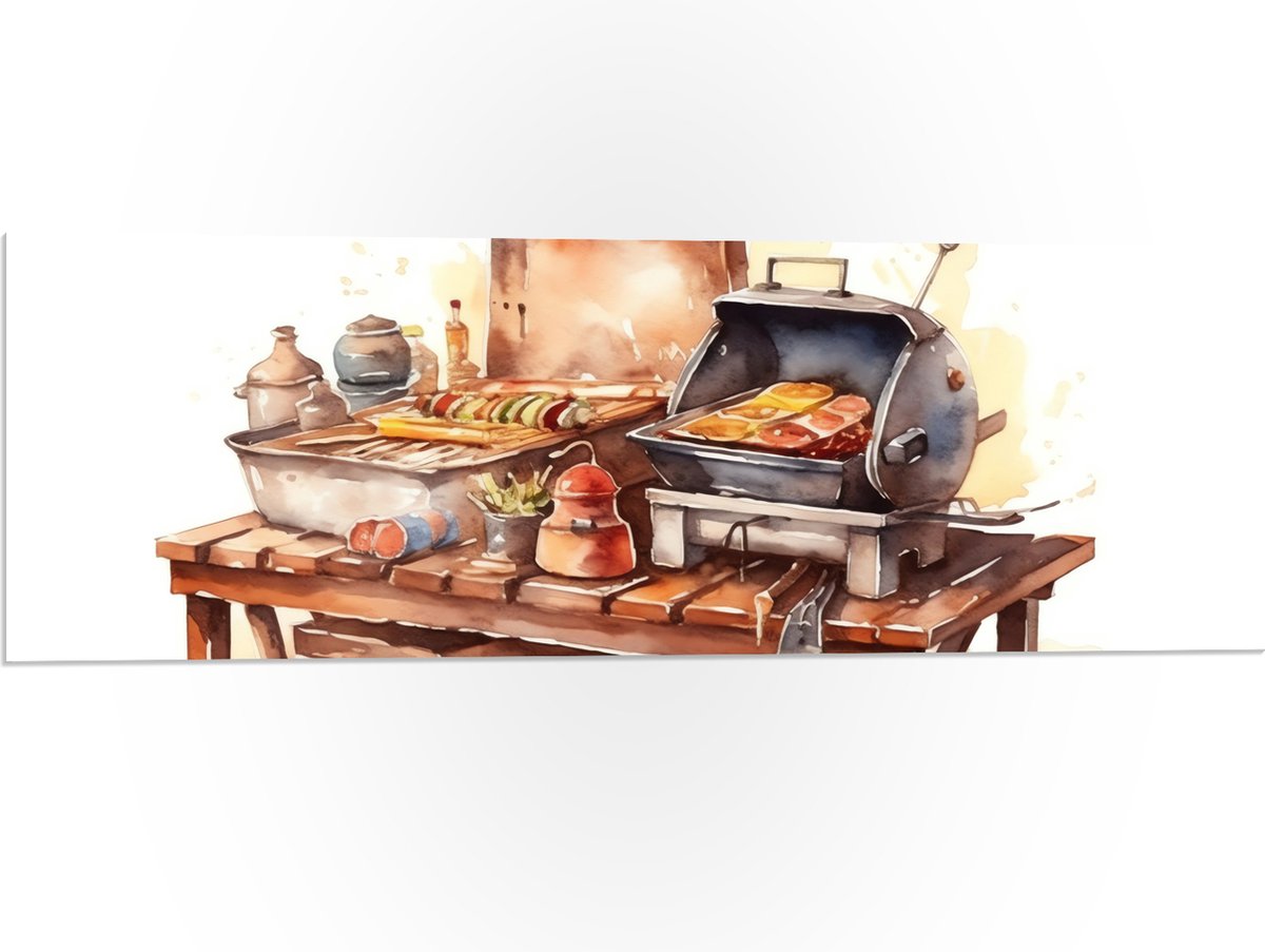 PVC Schuimplaat - Waterverf Tekening met Barbecue en Eten - 90x30 cm Foto op PVC Schuimpla