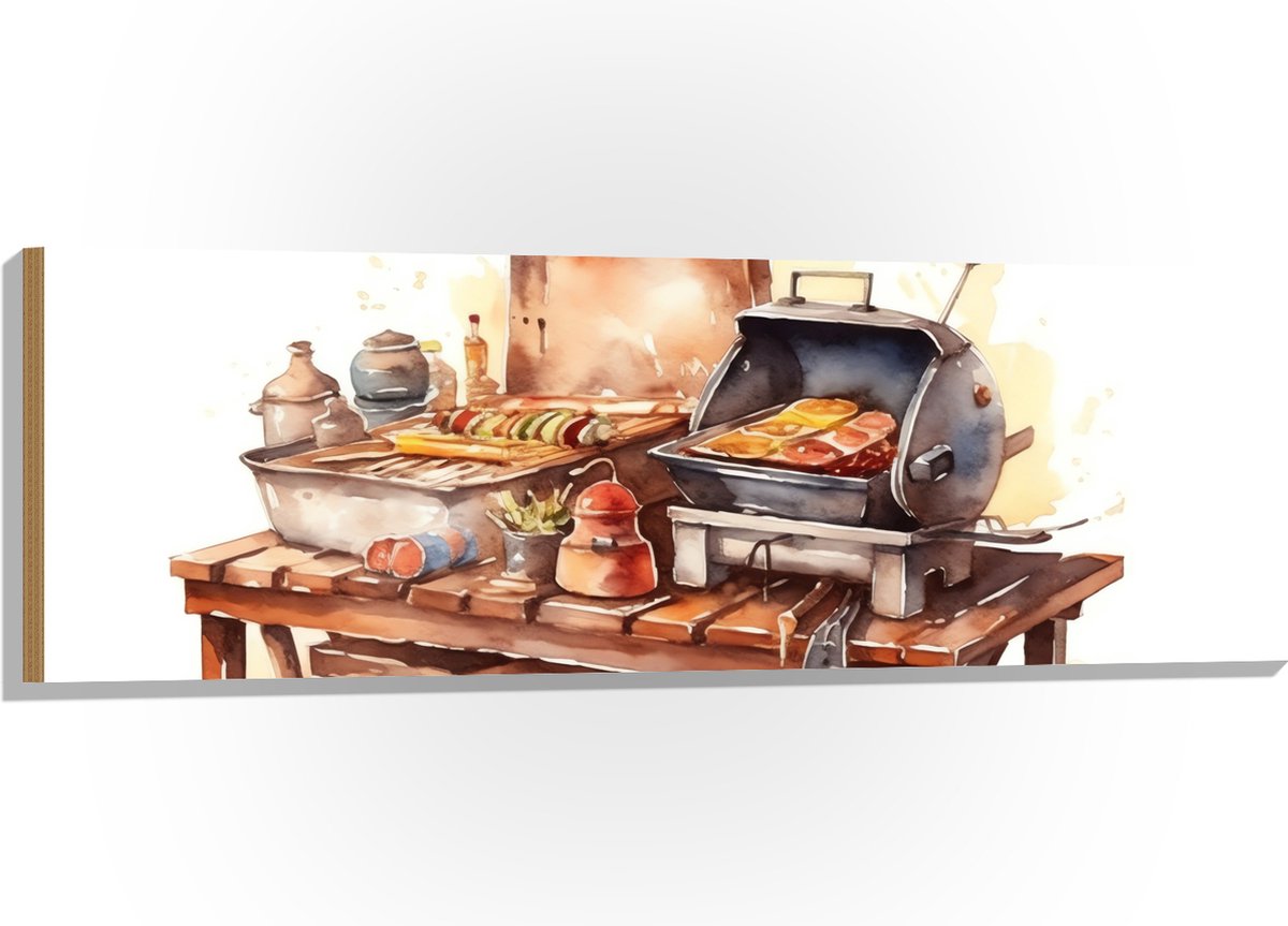 Hout - Waterverf Tekening met Barbecue en Eten - 120x40 cm - 9 mm dik - Foto op Hout (Met