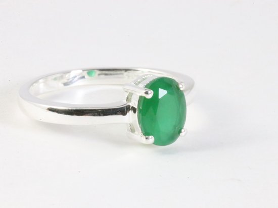 Fijne hoogglans zilveren ring met smaragd - maat 17.5