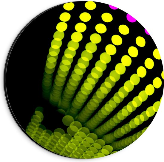 Dibond Muurcirkel - Groene en Paarse Stippen op Zwarte Achtergrond - 20x20 cm Foto op Aluminium Muurcirkel (met ophangsysteem)