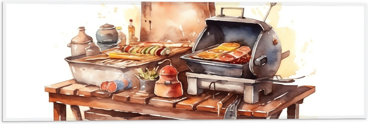 Vlag - Waterverf Tekening met Barbecue en Eten - 60x20 cm Foto op Polyester Vlag