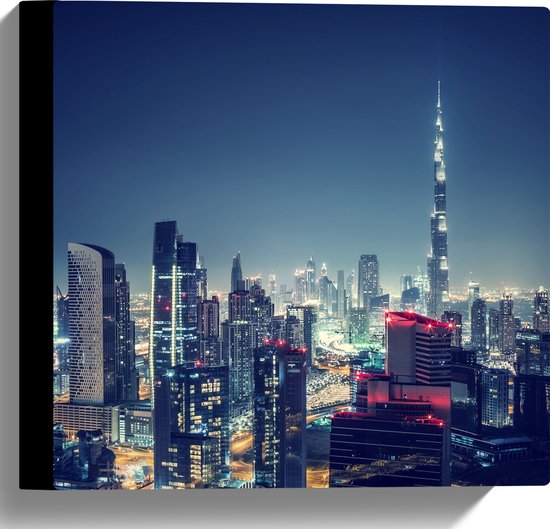 Canvas - Dubai in de Nacht met Burj Khalifa - 30x30 cm Foto op Canvas Schilderij (Wanddecoratie op Canvas)