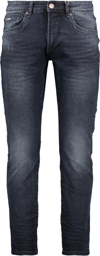 Donkergrijs gescheurde spijkerbroek met een slim fit pasvorm. De broek heeft een knoopsluiting en opgestikte voorzakken.