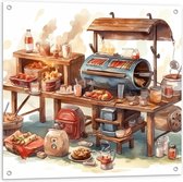 Tuinposter – Tekening van Barbecue - 80x80 cm Foto op Tuinposter (wanddecoratie voor buiten en binnen)