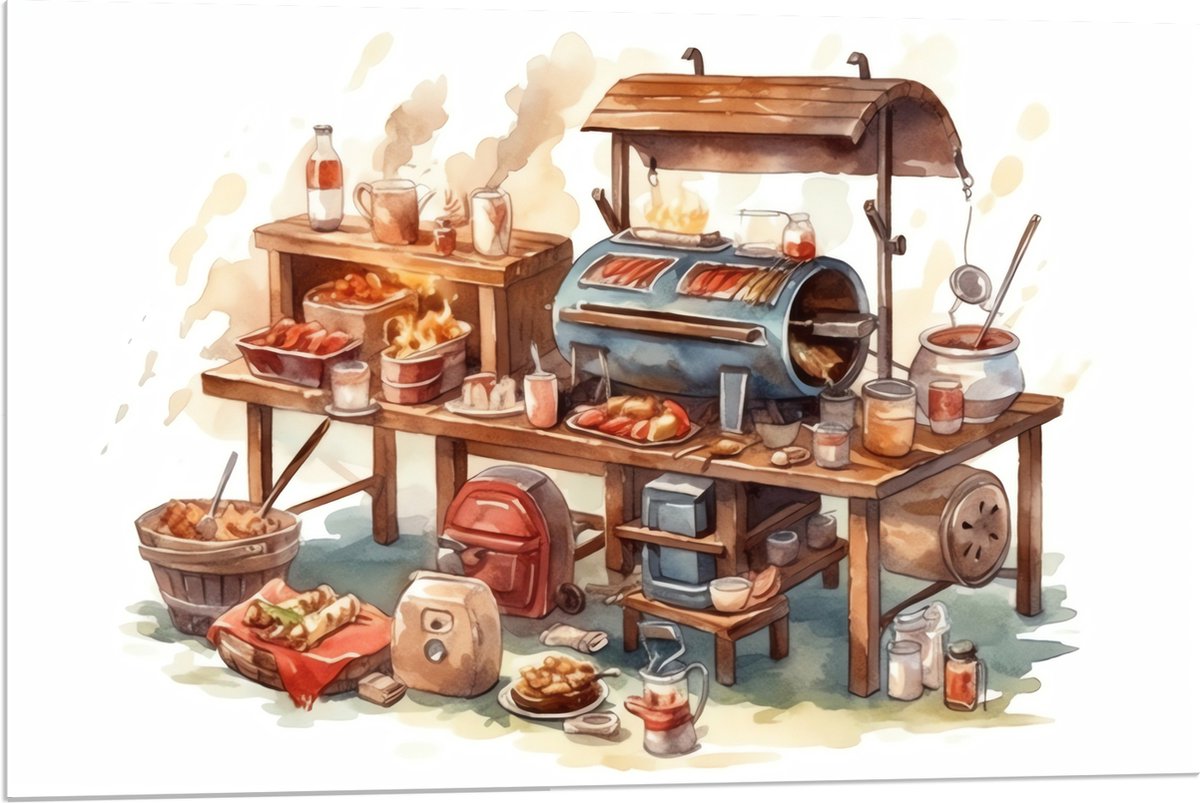 PVC Schuimplaat- Tekening van Barbecue - 90x60 cm Foto op PVC Schuimplaat