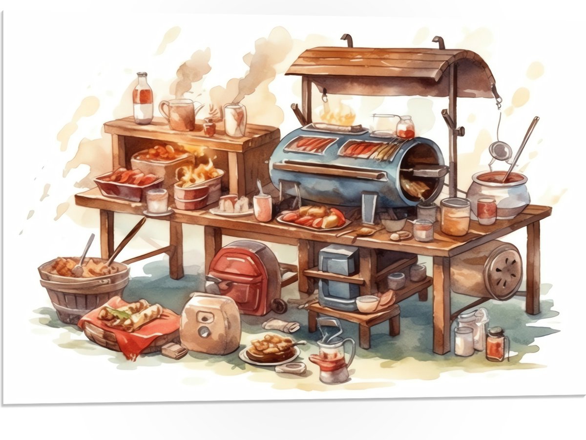 PVC Schuimplaat- Tekening van Barbecue - 75x50 cm Foto op PVC Schuimplaat