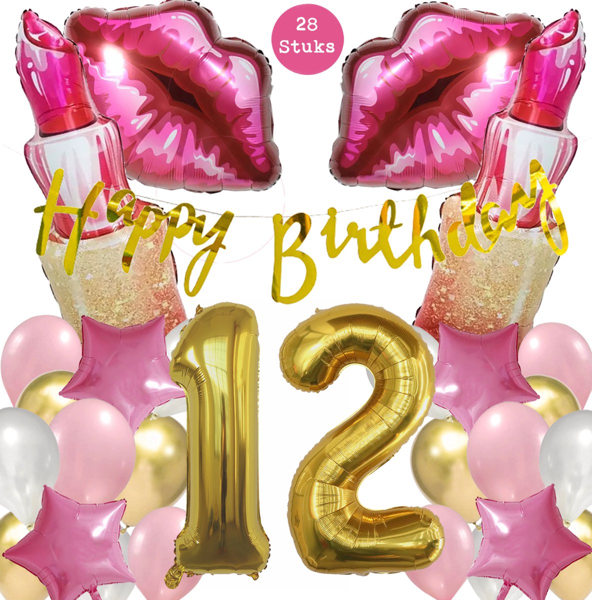 Snoes Mega Beauty Helium Ballonnen Set 12 Jaar - Roze Helium Folieballonnen - Slinger Happy Birthday Goud