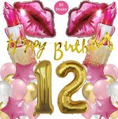 Snoes Mega Beauty Helium Ballonnen Set 12 Jaar - Roze Helium Folieballonnen - Slinger Happy Birthday Goud