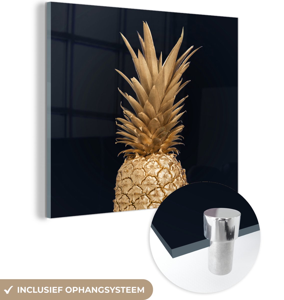 MuchoWow® Glasschilderij 90x90 cm - Schilderij acrylglas - Ananas - Goud - Verf - Zwart - Fruit - Luxe - Foto op glas - Schilderijen