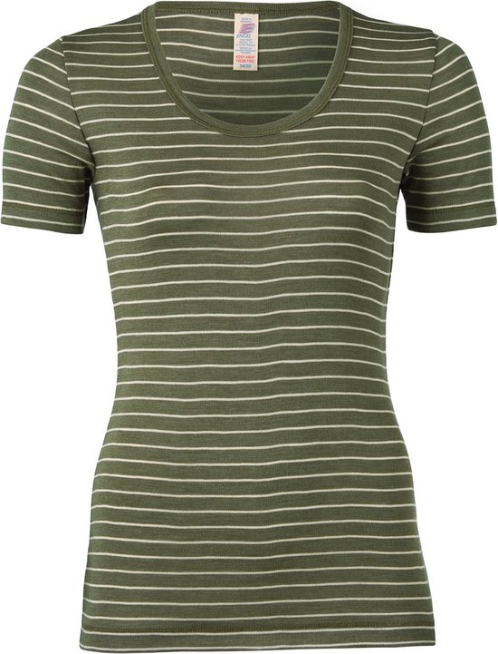 Engel Natur T-shirt Femme Soie - Laine Mérinos GOTS Vert Olive Rayé 46/48xl