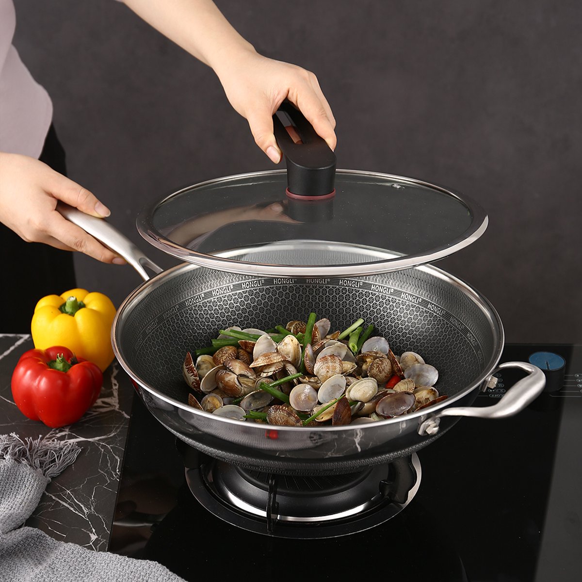 Poêle Wok en Fonte Chefarone 30CM - Ensemble Wok Poêle Wok